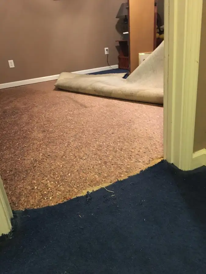 Carpet pad removal revealing water damage during Drying & Dehumidification in Pauls Valley